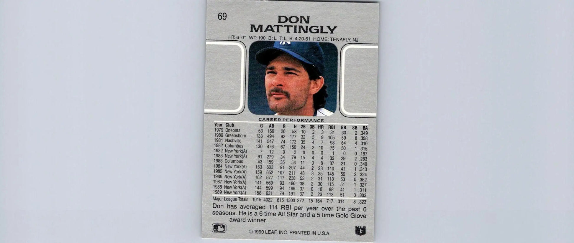 1990 Leaf #69 Don Mattingly baseball card showcasing the iconic player for collectors