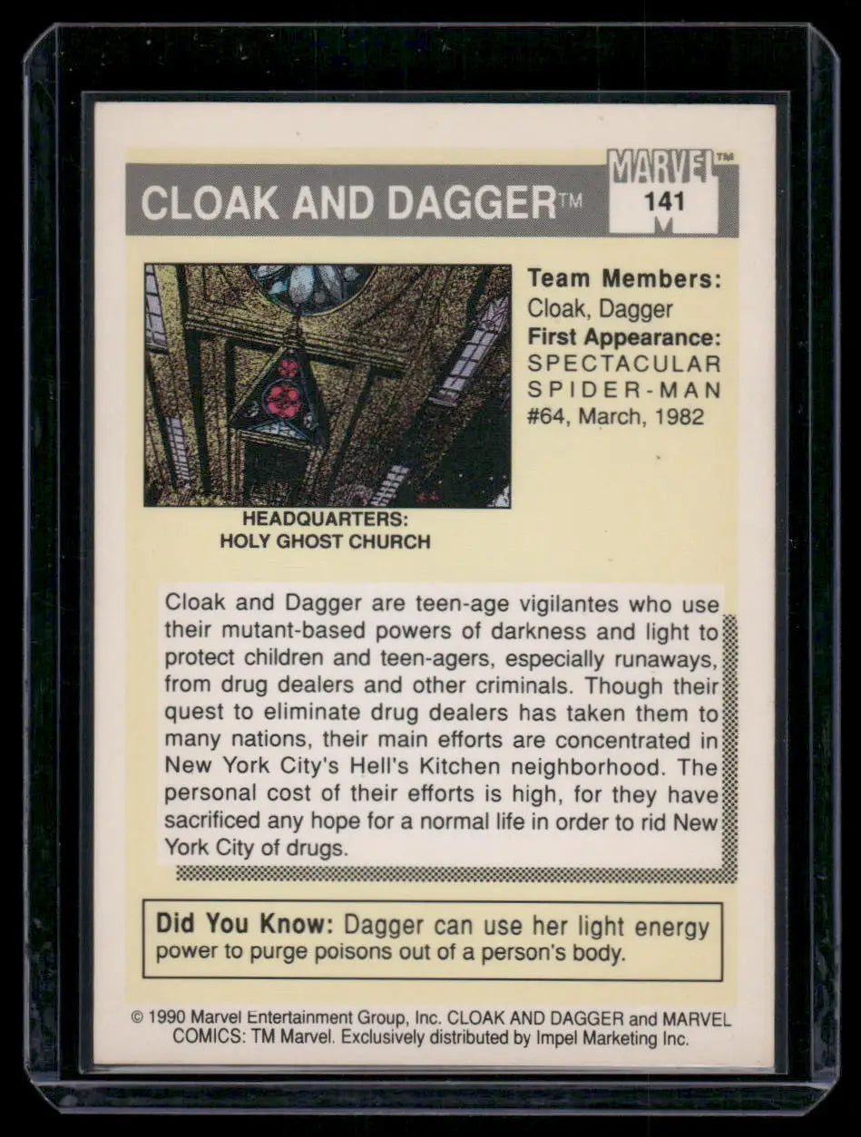 Collectible Marvel Comics Dagger Cloak trading card from 1990 Marvel Comics Dagger Cloak #141