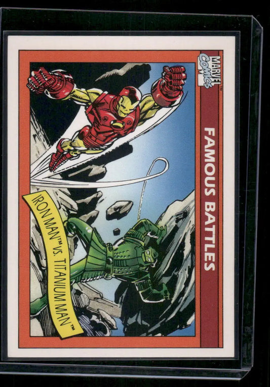 Trading card of Iron Man battling Titanium Man from 1990 Marvel Comics Titanium series