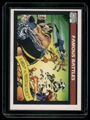 Framed Marvel Comics trading card featuring a Famous Battles scene with X-Men and Freedom Force