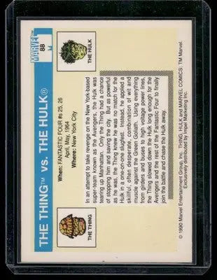 Back of 1990 Marvel Hulk The Thing #88 trading card featuring the Thing vs Hulk