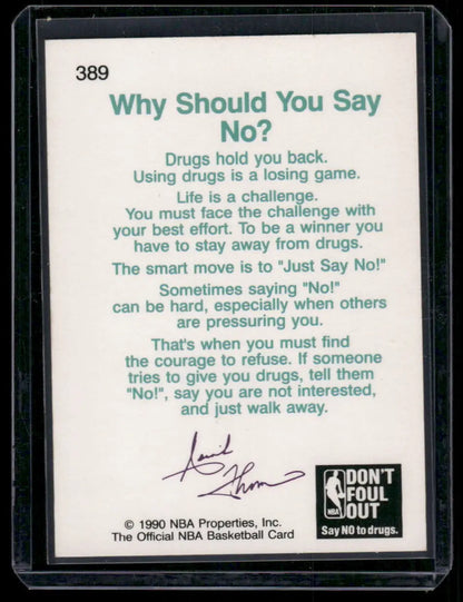 Back of an anti-drug NBA Hoops Isiah basketball card featuring basketball player info