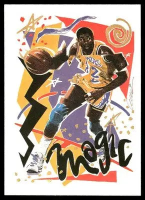 Basketball trading card of Magic Johnson in Lakers uniform from 1990 NBA Hoops Magic series