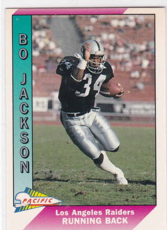 Bo Jackson football card from 1990 Pacific featuring Oakland Raiders star athlete