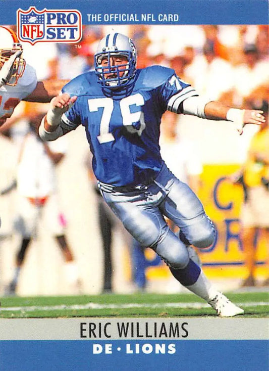 NFL Pro Set football card of Eric Williams, Detroit Lions player in blue and silver uniform
