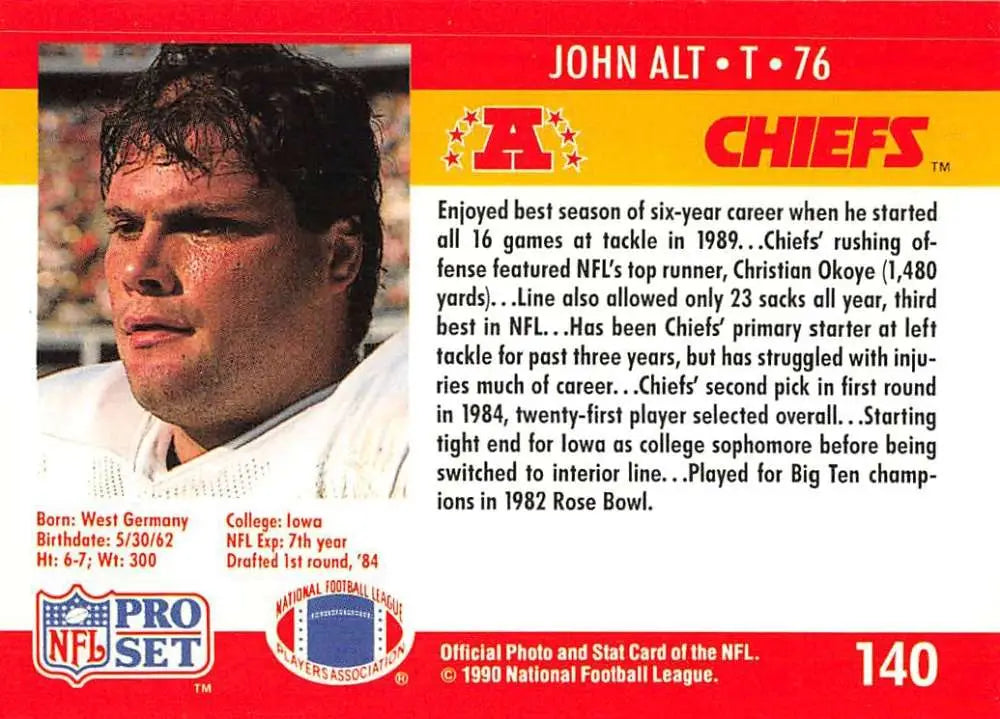 Vintage 1991 NFL Pro Set Football Card of John Alt, Kansas City Chiefs Rookie