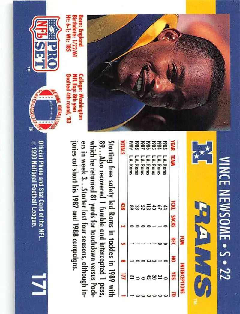 1990 Pro Set Vince Newsome Rookie Card of Los Angeles Rams Football Player