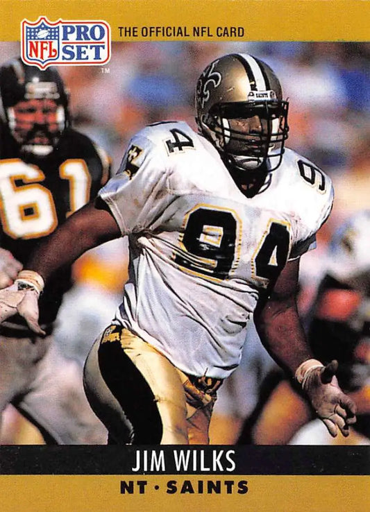 NFL trading card of Jim Wilks in white jersey 94 for New Orleans Saints collectors