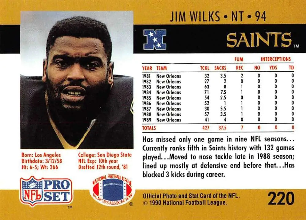 Jim Wilks New Orleans Saints Football Card from the Pro Set series in black and gold uniform