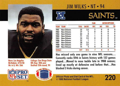 Jim Wilks New Orleans Saints Football Card from the Pro Set series in black and gold uniform