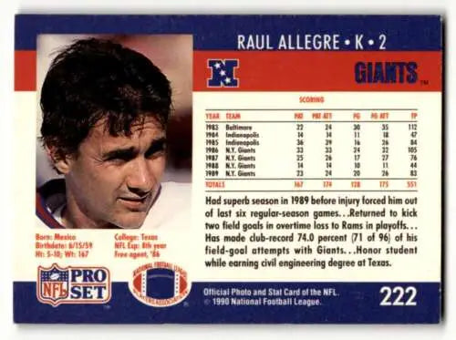 Raul Allegre football card featuring original gloss New York Giants football design