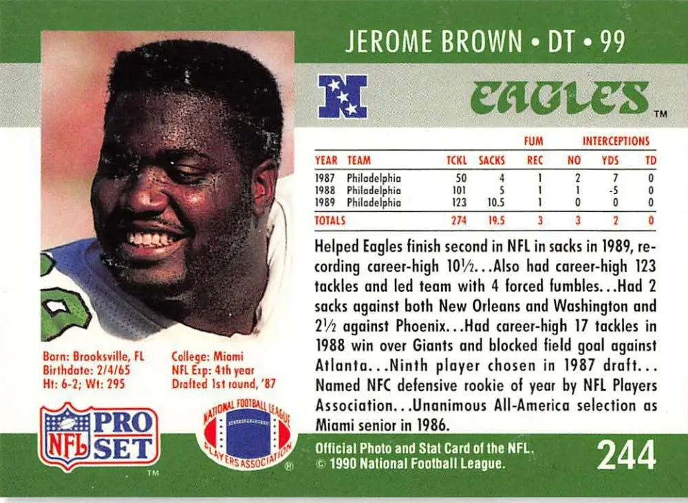Jerome Brown football card from Pro Set featuring Philadelphia Eagles defensive tackle 99