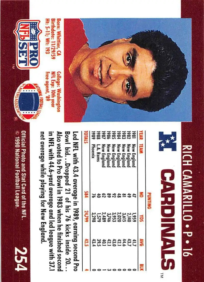 Rich Camarillo football card from 1990 Pro Set featuring Phoenix Cardinals player