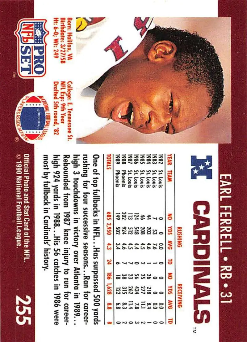 Earl Ferrell Phoenix Cardinals Football Card in red and white uniform from 1990 Pro Set