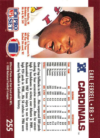 Earl Ferrell Phoenix Cardinals Football Card in red and white uniform from 1990 Pro Set
