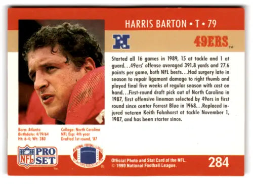 Harris Barton 1990 Pro Set football card in original gloss, rated EX/NM, 49ers