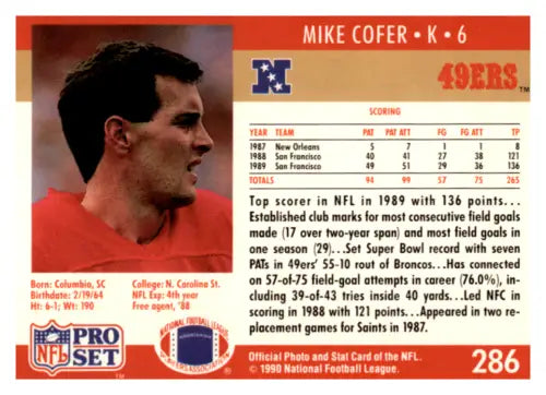 Mike Cofer football card from 1990 Pro Set #286 in original gloss, near mint condition