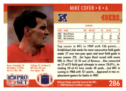 Mike Cofer football card from 1990 Pro Set #286 in original gloss, near mint condition
