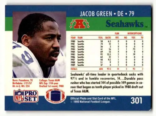1990 Pro Set #301 Jacob Green Seattle Seahawks Football Card with original gloss