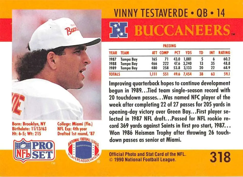 1990 Pro Set Vinny Testaverde Tampa Bay Buccaneers Football Card with white cap