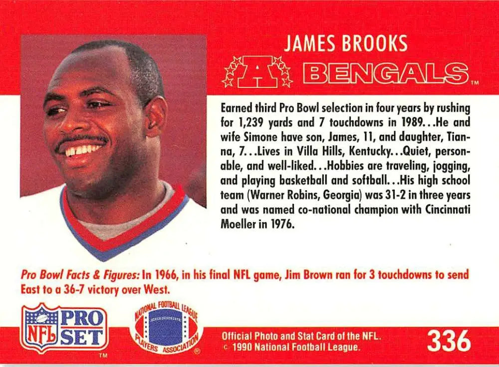 NFL trading card of James Brooks from Pro Set with Cincinnati Bengals on red background