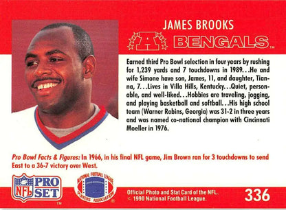 NFL trading card of James Brooks from Pro Set with Cincinnati Bengals on red background