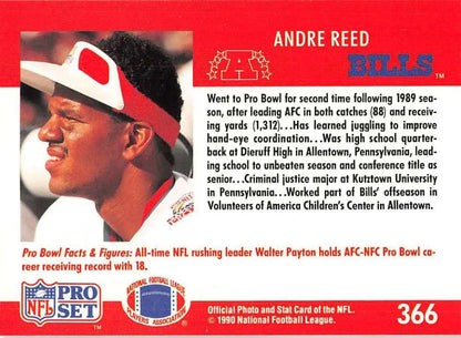 NFL trading card of Andre Reed, Buffalo Bills, on a red background with bio text