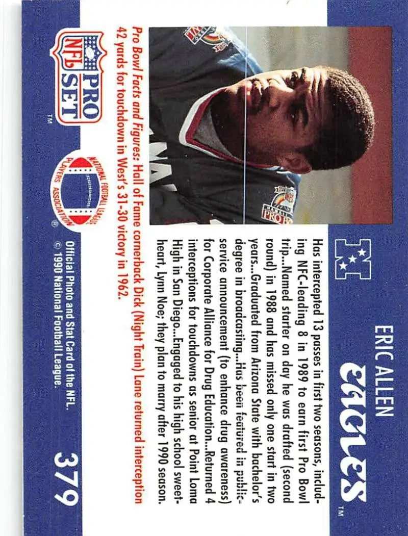 1990 Pro Set Eric Allen Football Card with blue border, Philadelphia Eagles details