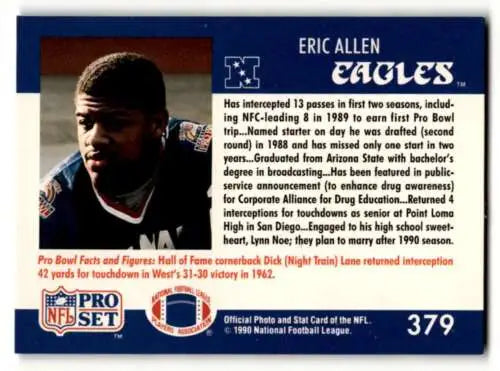Original gloss 1990 Pro Set #379 Eric Allen Philadelphia Eagles football card