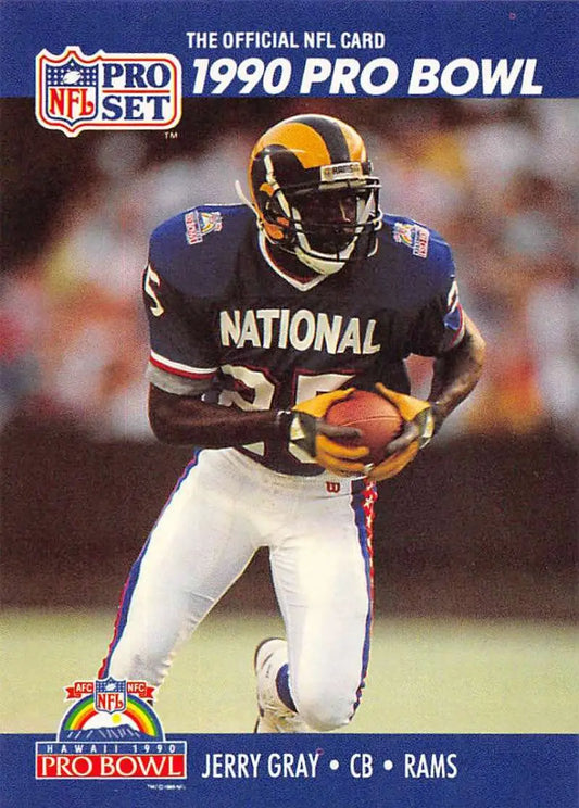 1990 Pro Set Jerry Gray Los Angeles Rams Football Card with cornerback carrying football