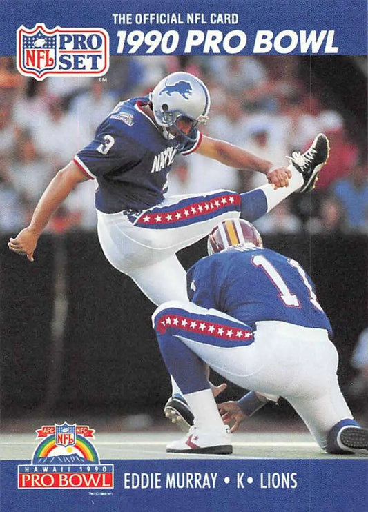 1990 Pro Set #409 Eddie Murray Football Card featuring Detroit Lions kicker in action
