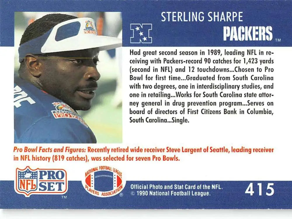 Football card of Green Bay Packers player Sterling Sharpe in a white cap