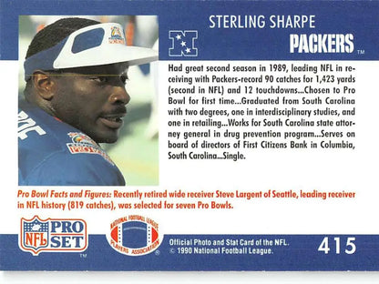 Football card of Green Bay Packers player Sterling Sharpe in a white cap