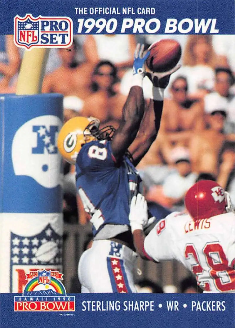 1990 Pro Bowl football card of Green Bay Packers Sterling Sharpe making a catch