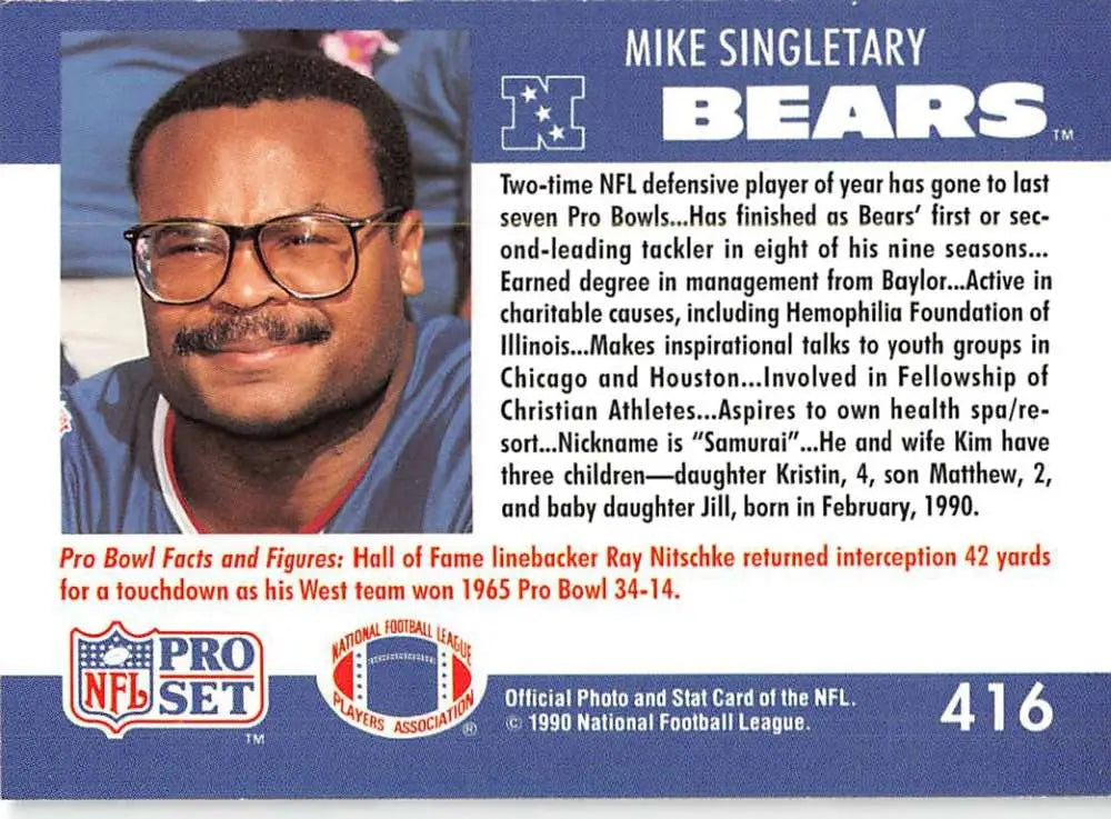 Football card of Mike Singletary, Chicago Bears player with glasses and mustache