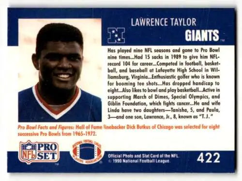 1990 Pro Set #422 Lawrence Taylor New York Giants Football Card with original gloss