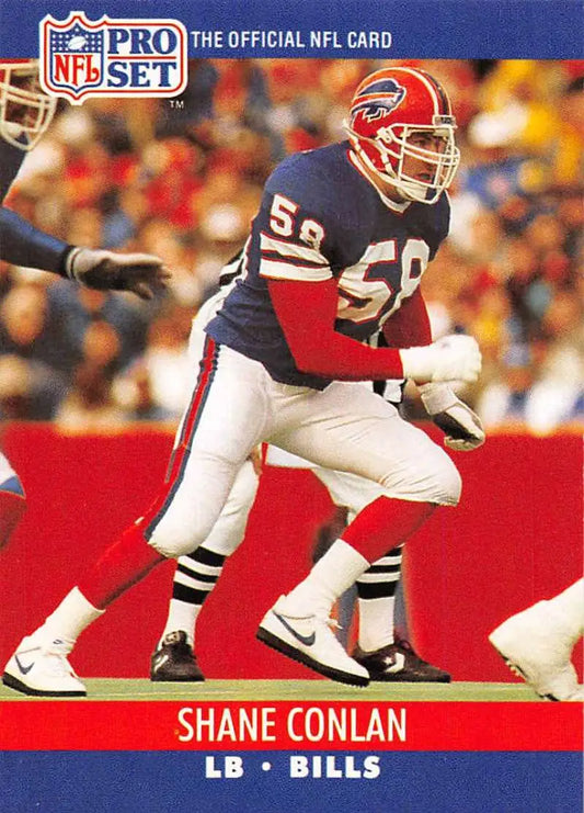 NFL Pro Set trading card of Shane Conlan, Buffalo Bills linebacker in red and white uniform