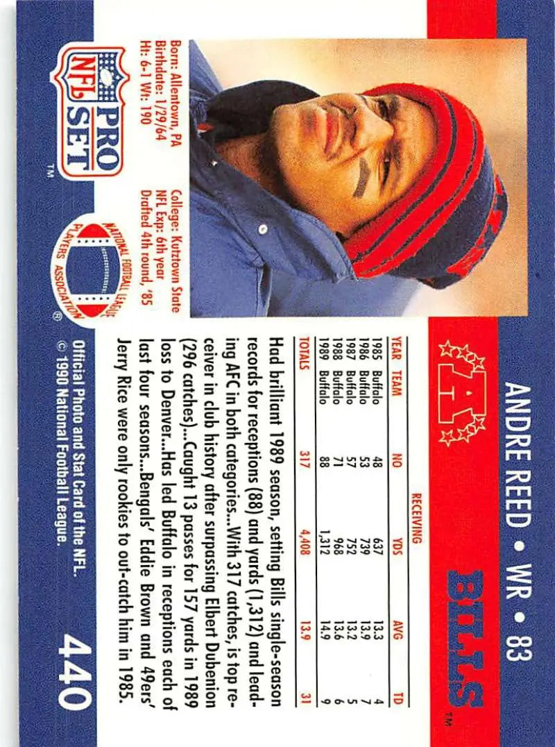 NFL Pro Set trading card of Andre Reed in red and blue striped winter hat, Buffalo Bills
