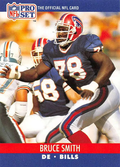 NFL Pro Set football card of Bruce Smith in Buffalo Bills blue and red uniform