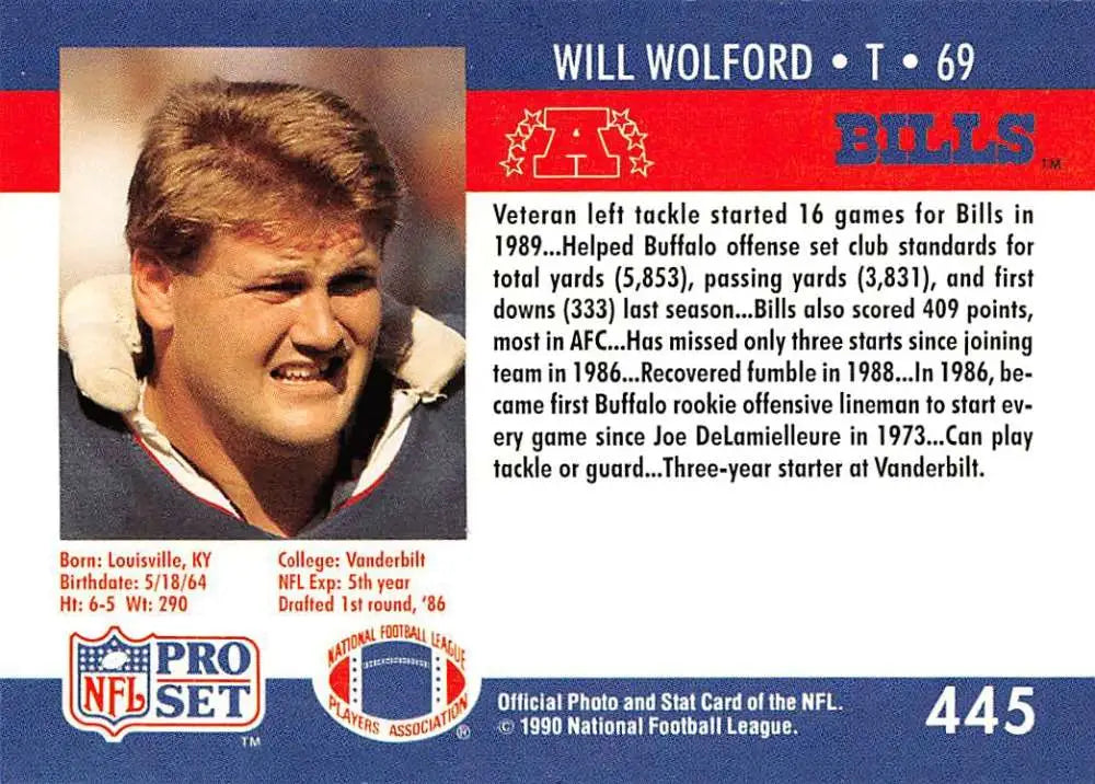 Vintage 1990 Pro Set #445 Will Wolford Buffalo Bills football card in NM-MT condition