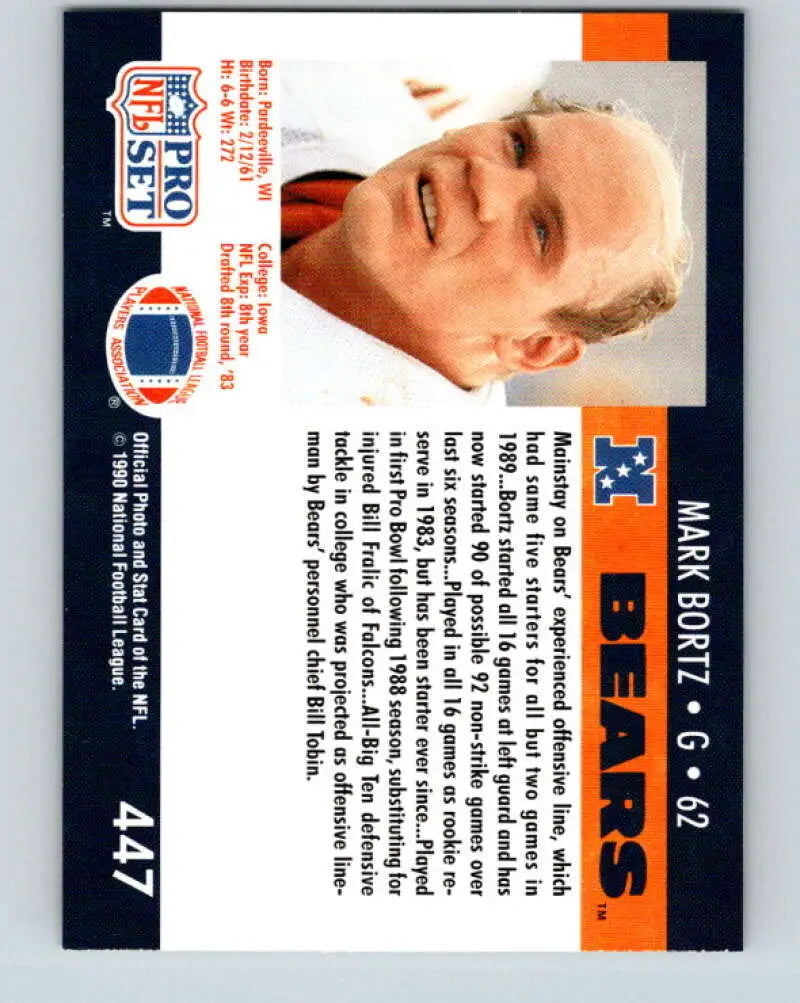 NFL trading card of Mark Bortz, a Chicago Bears rookie, on a white background