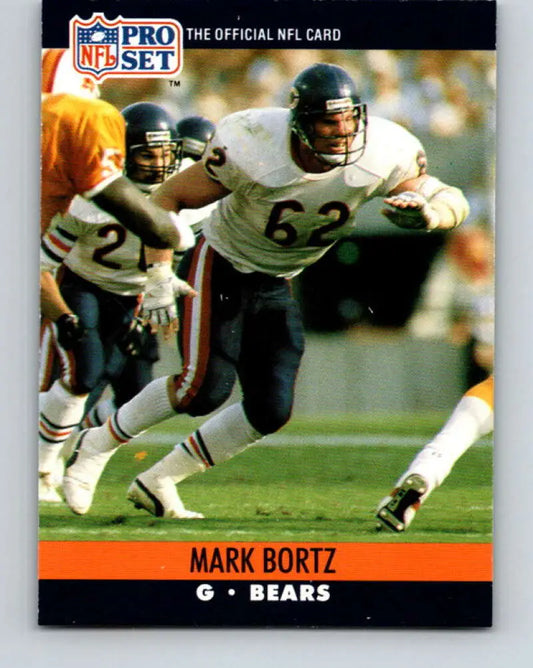 NFL Pro Set football card of Mark Bortz, Chicago Bears player #62 in white uniform