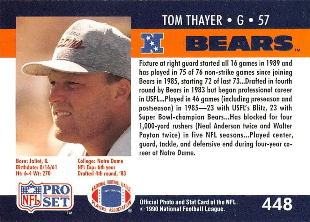 Football trading card of Tom Thayer, Chicago Bears, from 1990 Pro Set collection
