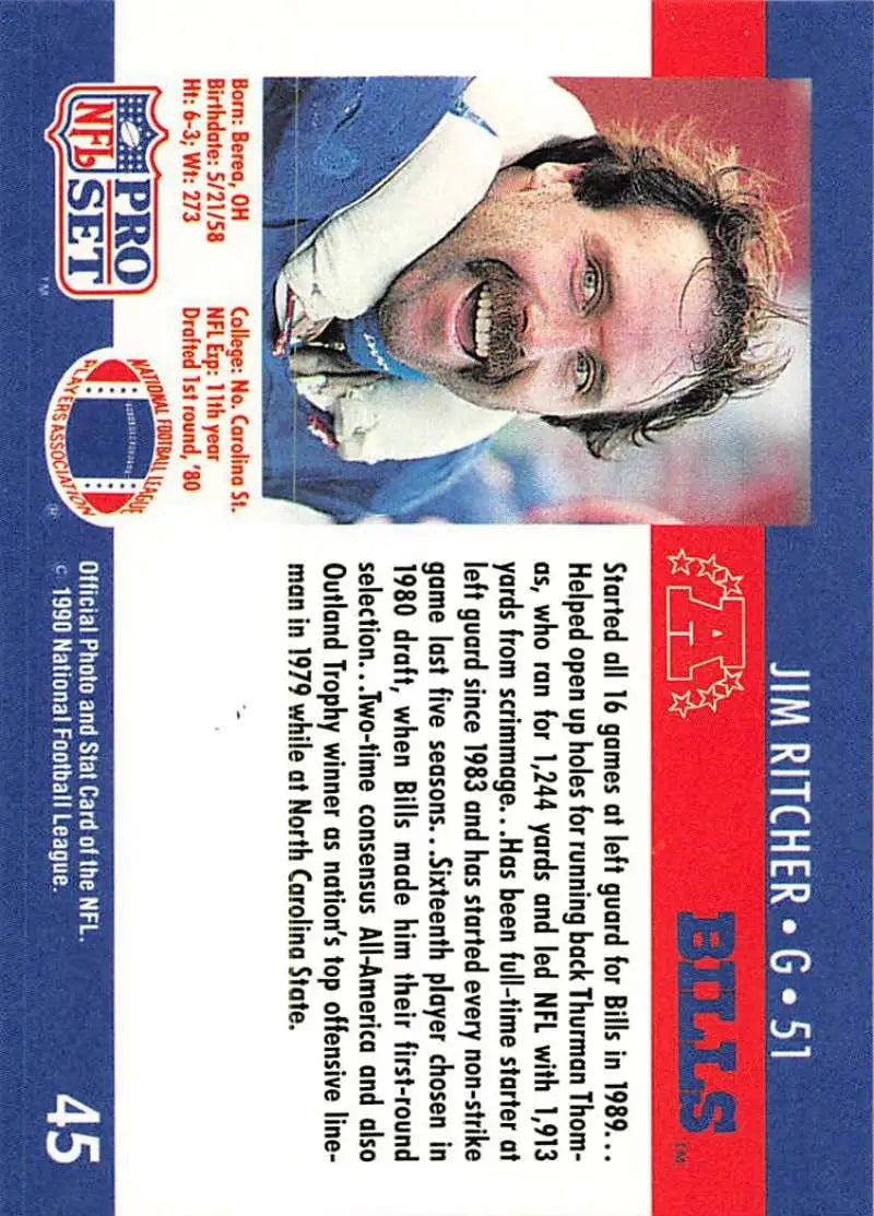 Vintage NFL Pro Set trading card featuring Jim Ritcher, rookie Buffalo Bills colors red, white, blue