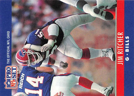 1990 Pro Set Jim Ritcher Rookie Buffalo Bills Football Card showing a player being tackled