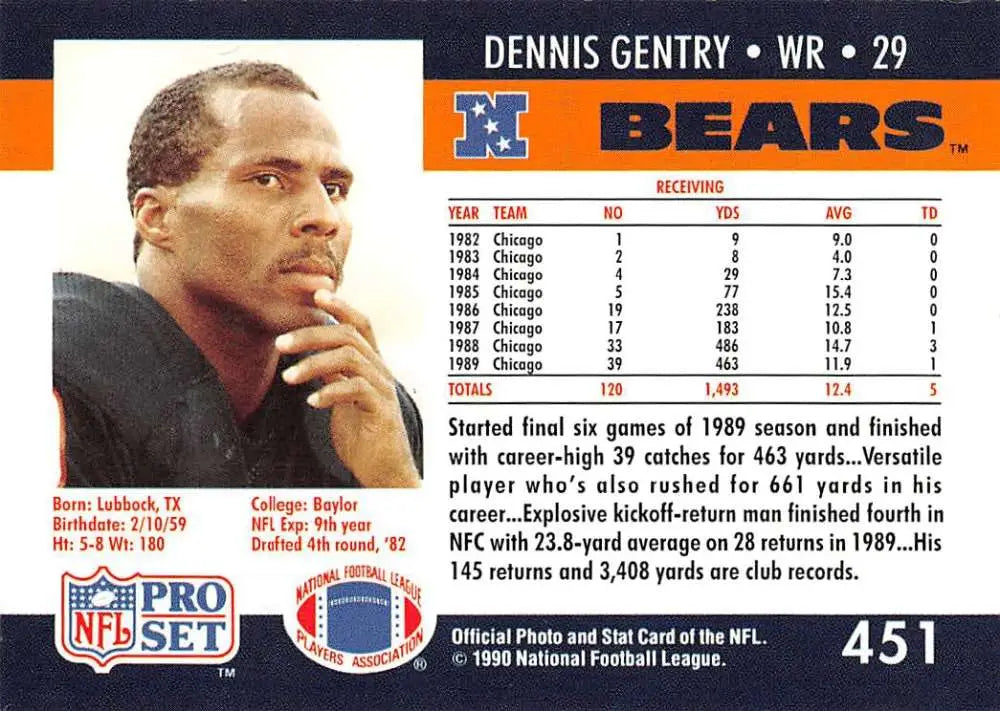 NFL Pro Set trading card of Dennis Gentry, Chicago Bears wide receiver in maroon shirt