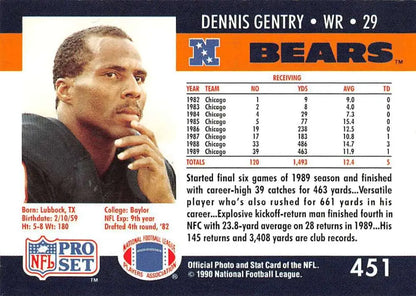 NFL Pro Set trading card of Dennis Gentry, Chicago Bears wide receiver in maroon shirt