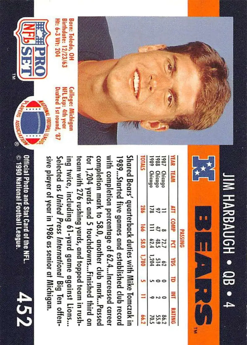 NFL Pro Set trading card of Jim Harbaugh from Chicago Bears, card number 452