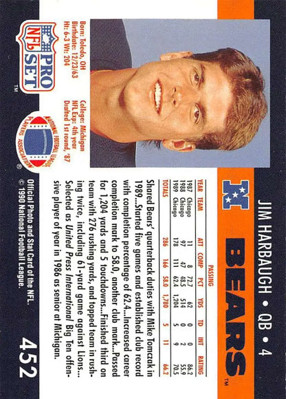NFL Pro Set trading card of Jim Harbaugh from Chicago Bears, card number 452