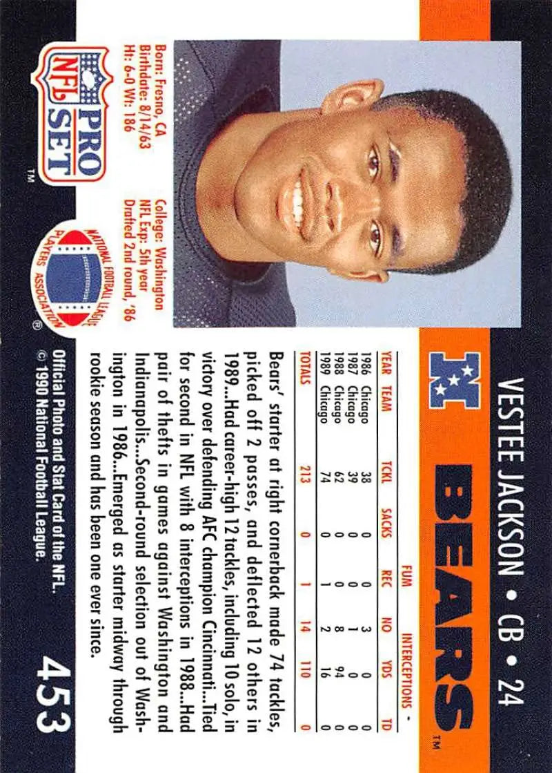 NFL Pro Set 1990 Vestee Jackson Football Card featuring Chicago Bears player